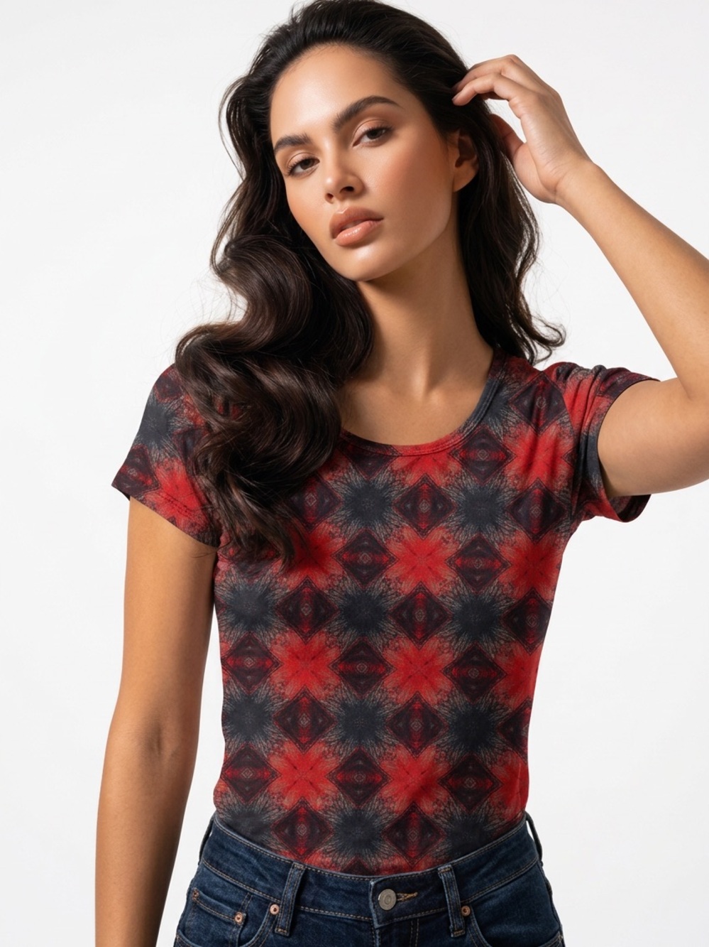 LulaRoe Classic T- Women's Red & Black Patterned Short Sleeve Top